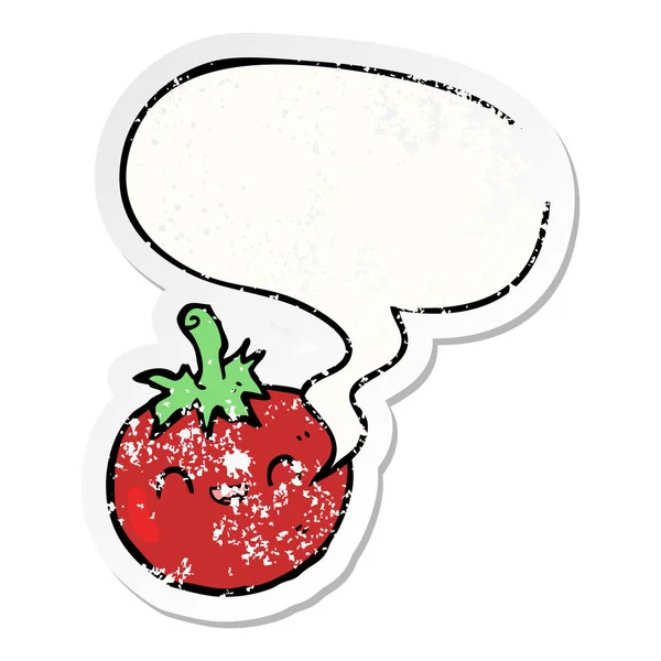 Leuke cartoon tomaat en toespraak bubble noodlijdende sticker — Stockvector