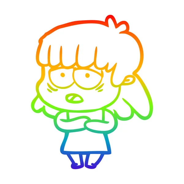 Regenboog gradiënt lijntekening cartoon vermoeide vrouw — Stockvector