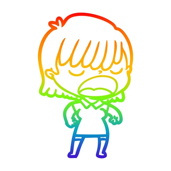 Rainbow gradient line drawing cartoon woman talking loudly — Stock Vector