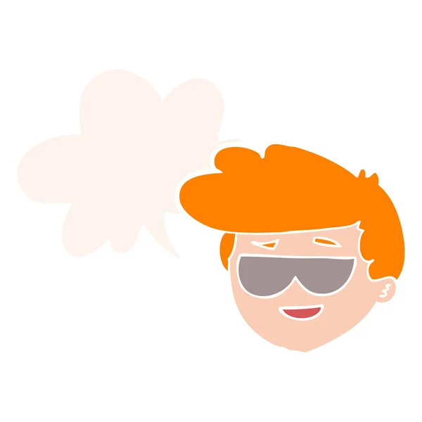 Cartoon jongen dragen zonnebril en toespraak bubble in retro stijl — Stockvector
