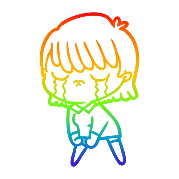 Rainbow gradient line drawing cartoon woman crying — Stock Vector