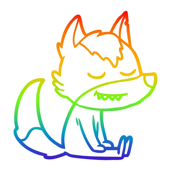 Rainbow gradient line drawing friendly cartoon wolf sitting down — Stock Vector