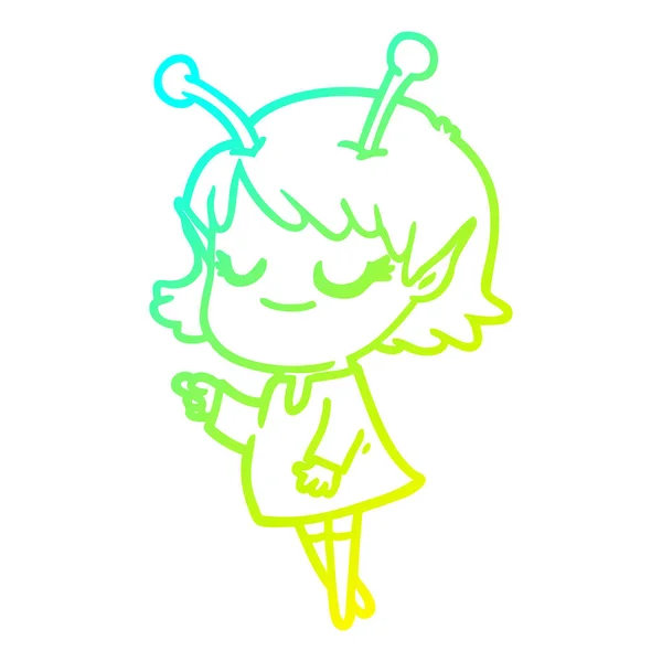 Linha gradiente frio desenho sorridente alienígena menina desenhos animados —  Vetores de Stock