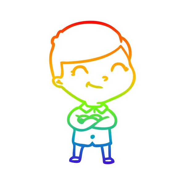 Rainbow gradient line drawing cartoon boy smiling — Stock Vector