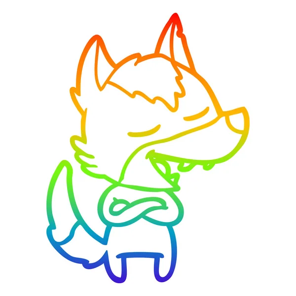 Rainbow Gradient Line Zeichnung Cartoon Wolf lachen — Stockvektor