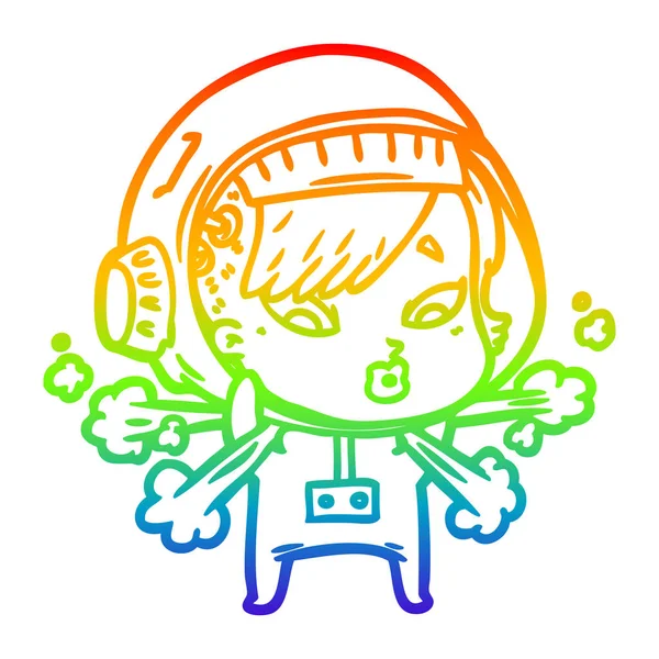 Rainbow gradient linje ritning tecknad astronaut kvinna — Stock vektor