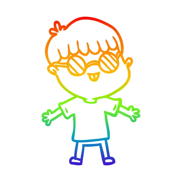 Rainbow gradient line drawing cartoon boy wearing spectacles — Stock Vector