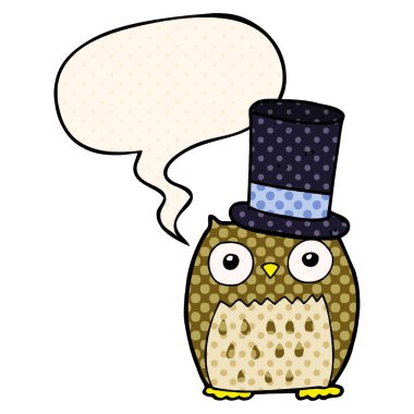 çizgi roman stilitüst şapka ve konuşma balonu giyen karikatür baykuş