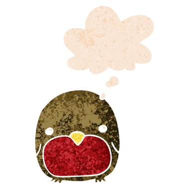 sevimli karikatür penguen ve retro dokulu tarzında düşünce balonu