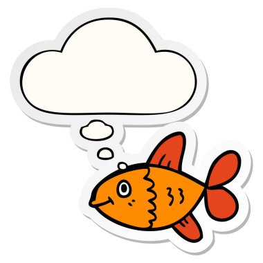 karikatür balık ve baskılı bir etiket olarak kabarcık düşünce