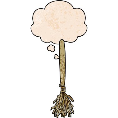 karikatür sihirli süpürge ve grunge doku desen düşünce balonu