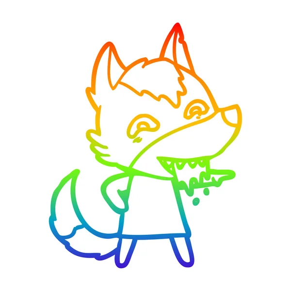 Regenboog gradiënt lijntekening cartoon hongerige Wolf — Stockvector