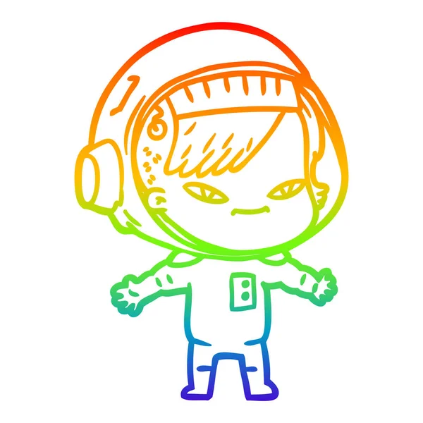 Regenboog gradiënt lijntekening cartoon astronaut vrouw — Stockvector