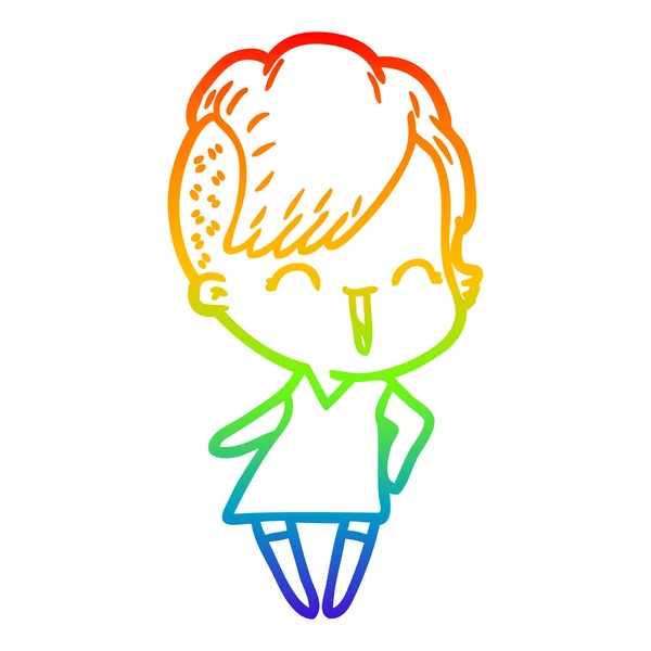 Rainbow gradient line drawing happy cartoon hipster girl — Stock Vector