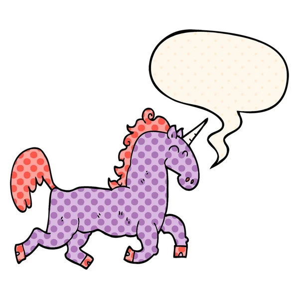 Unicornio de dibujos animados y burbuja del habla en estilo de cómic — Archivo Imágenes Vectoriales