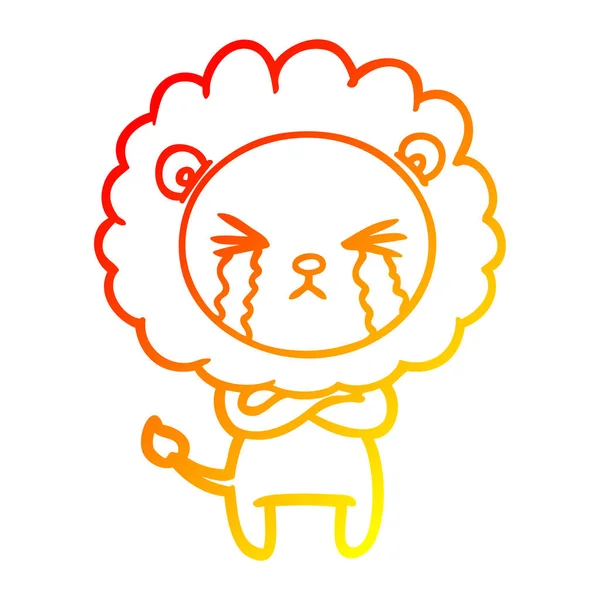 Línea de gradiente caliente dibujo dibujos animados llanto león con brazos cruzados — Vector de stock