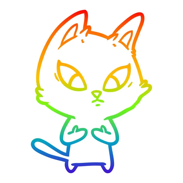 Rainbow gradient line drawing confused cartoon cat — Stock Vector