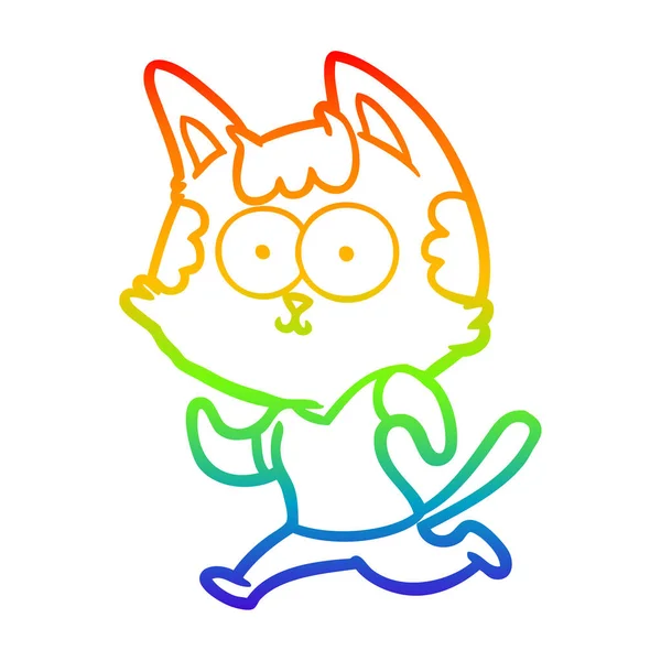 Arco iris gradiente línea dibujo feliz dibujos animados gato jogging — Vector de stock