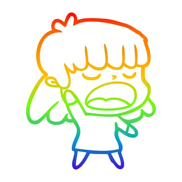 Regenboog gradiënt lijntekening cartoon vrouw praten luid — Stockvector