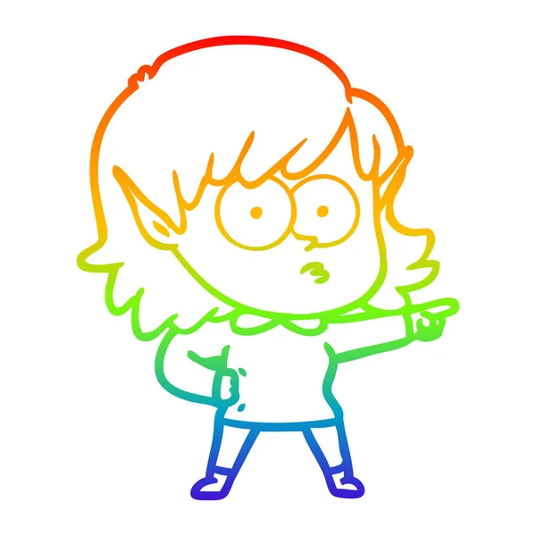 Arcobaleno gradiente linea disegno cartone animato elfo ragazza fissando e punto — Vettoriale Stock