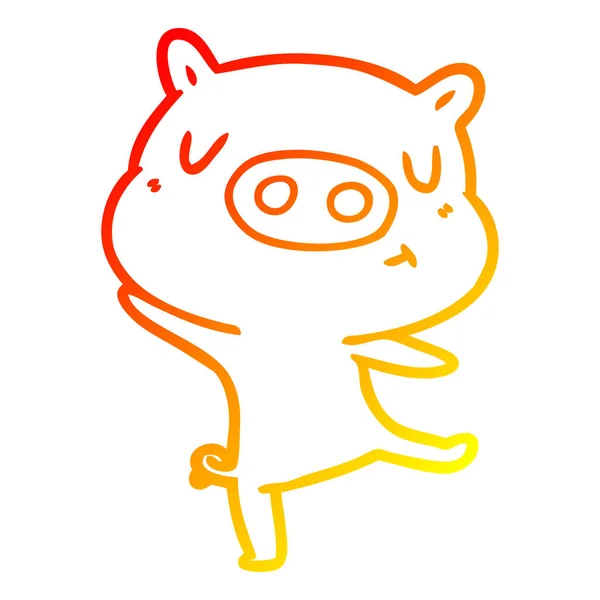 Warme kleurovergang lijntekening cartoon varken dansen — Stockvector
