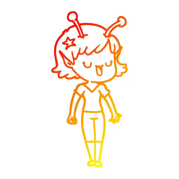 Chaud dégradé ligne dessin heureux alien fille dessin animé — Image vectorielle