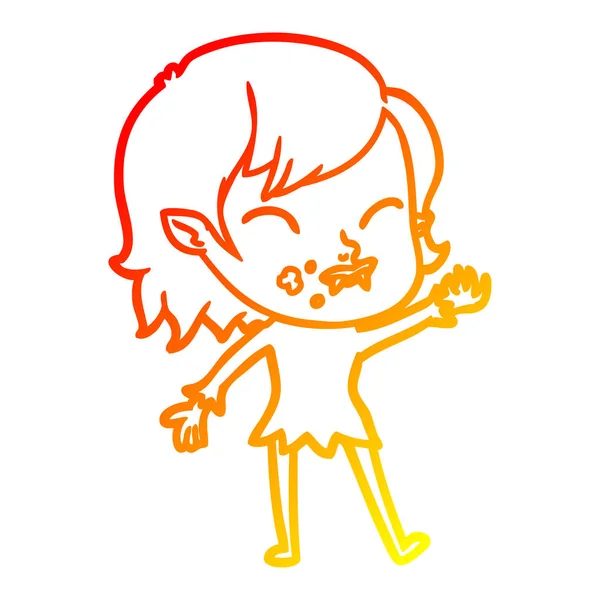 Warme Gradientenlinie Zeichnung Cartoon-Vampir-Mädchen mit Blut auf ch — Stockvektor