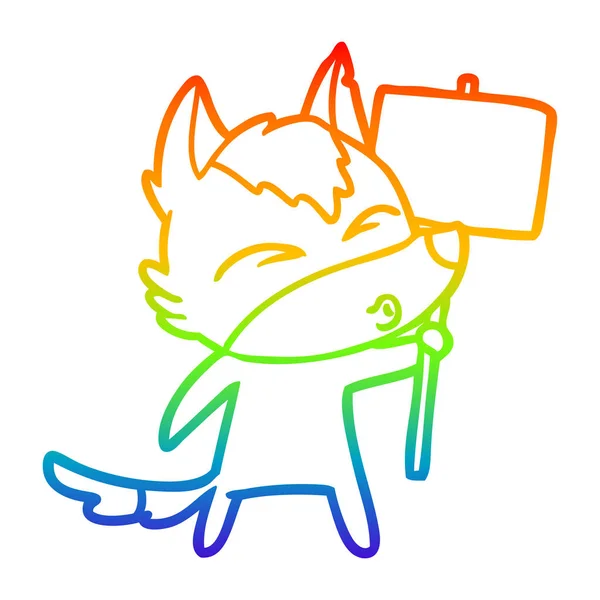 Rainbow gradient ligne dessin dessin animé loup avec signe de protestation — Image vectorielle