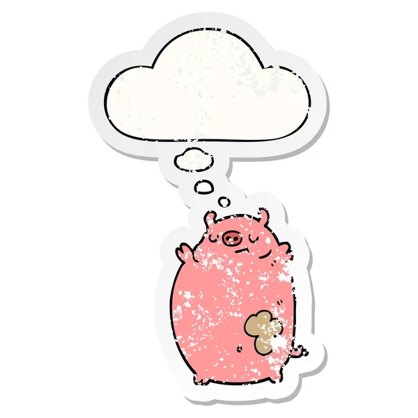 Cartoni animati grasso maiale e bolla pensiero come un adesivo indossato angosciato — Vettoriale Stock