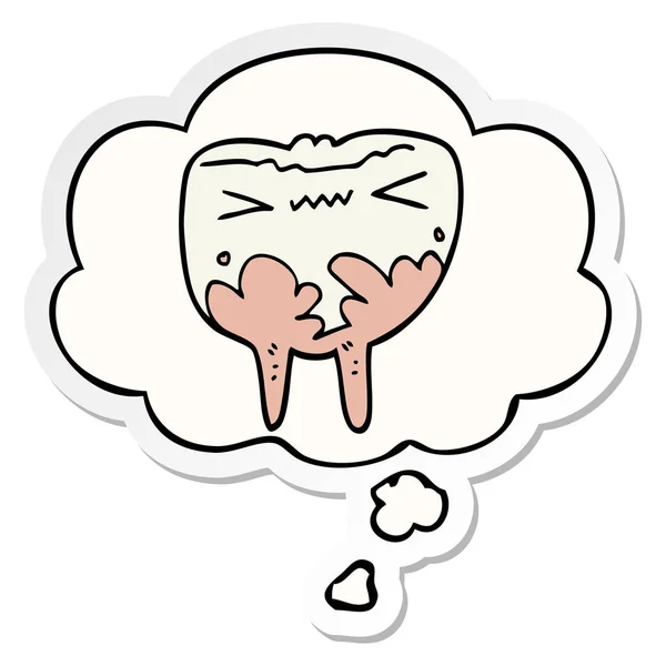 Cartoon bad tooth and thought bubble as a printed sticker — Stock Vector