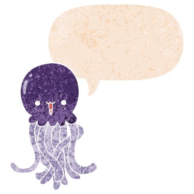 retro dokulu tarzda karikatür denizanası ve konuşma balonu