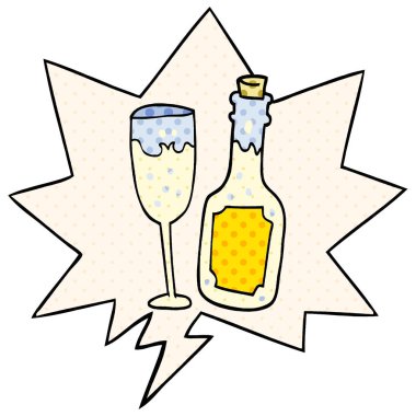 çizgi film şampanya şişesi ve komik bo cam ve konuşma balonu