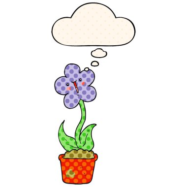 sevimli karikatür çiçek ve çizgi roman tarzında kabarcık düşünce
