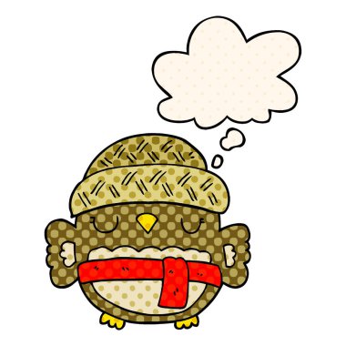 şapka sevimli karikatür baykuş ve çizgi roman tarzında kabarcık düşünce