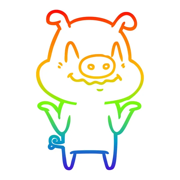 Rainbow gradient line drawing nervous cartoon pig — Stock Vector