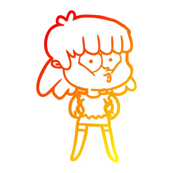 Warme kleurovergang lijntekening cartoon fluitende meisje — Stockvector