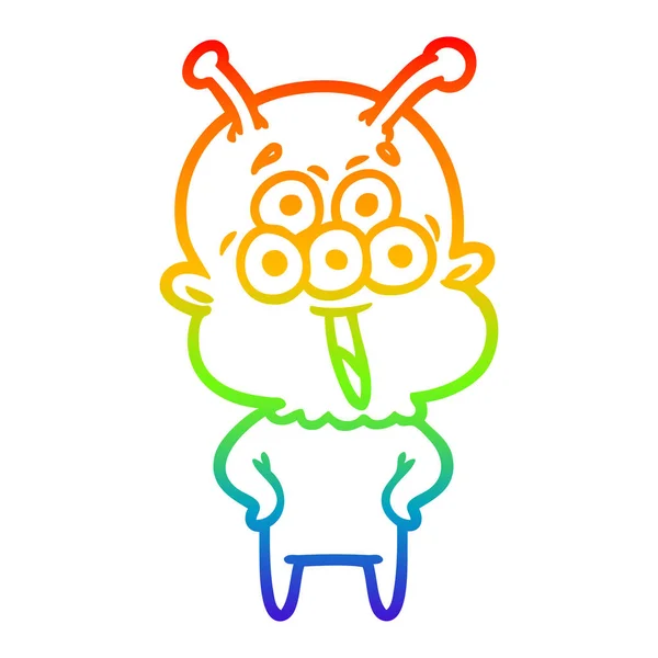 Rainbow gradient line drawing happy cartoon alien — Stock Vector
