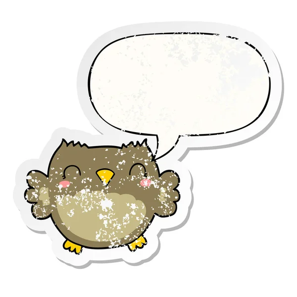 Leuke cartoon Owl en toespraak bubble noodlijdende sticker — Stockvector