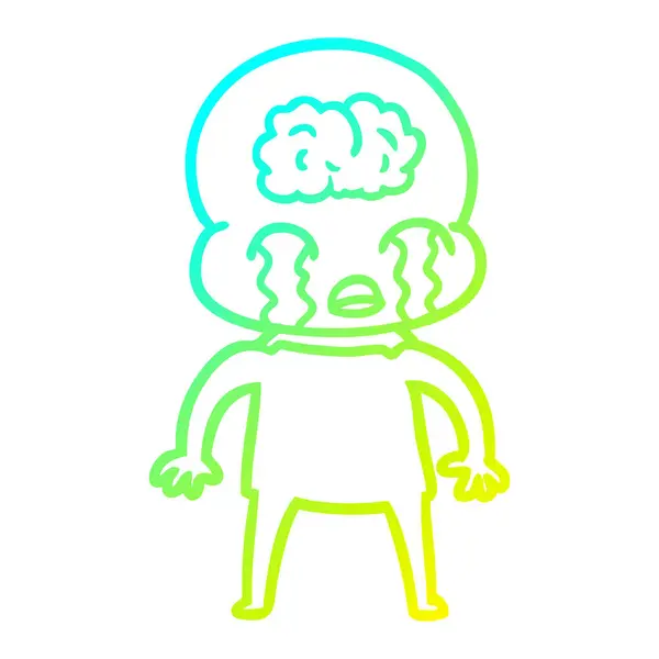 Cold gradient line drawing cartoon big brain alien crying — Stock Vector