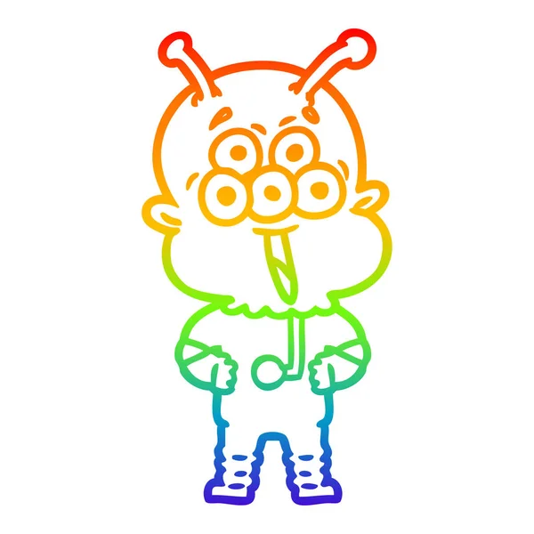 Rainbow gradient line drawing happy cartoon alien — Stock Vector