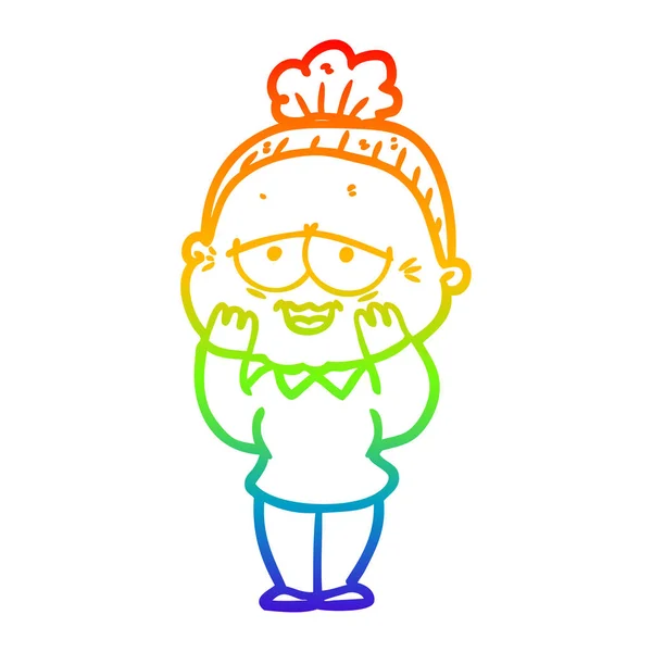 Rainbow gradient line drawing cartoon happy old lady — Stock Vector