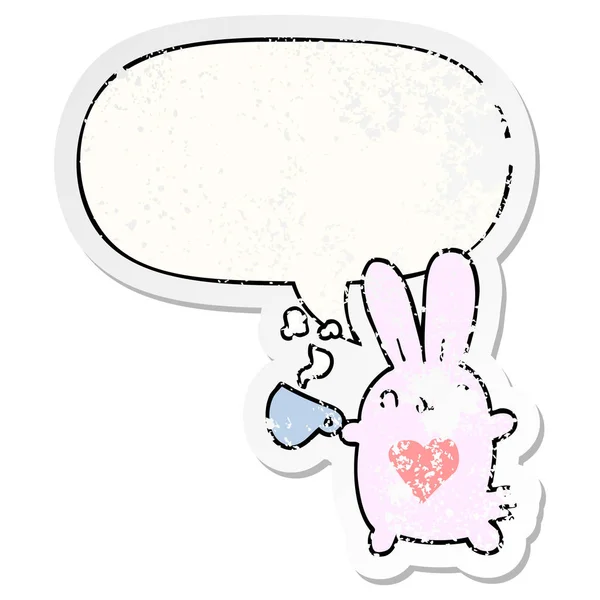 Leuke cartoon konijn en liefde hart en koffie kopje en toespraak Bub — Stockvector