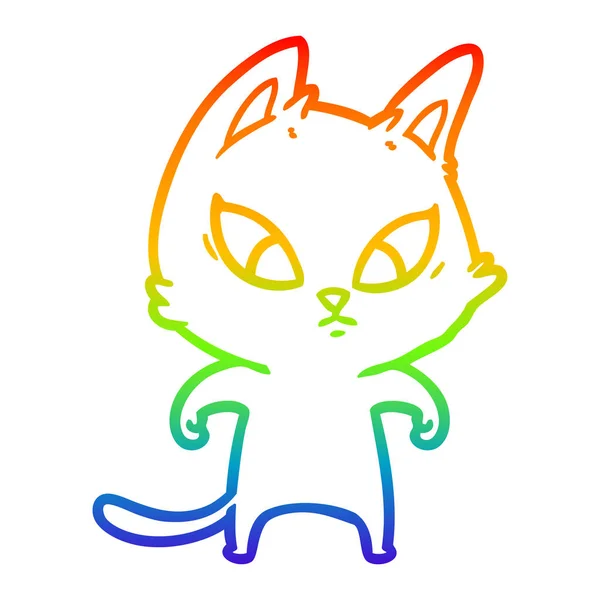 Rainbow gradient linje ritning förvirrad tecknad katt — Stock vektor