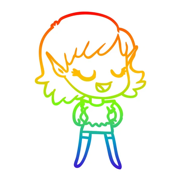 虹のグラデーションラインは幸せな漫画エルフの女の子を描く — ストックベクタ