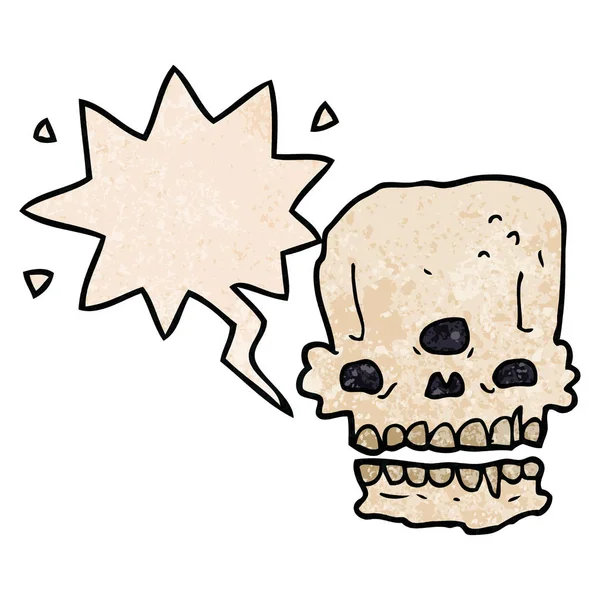 Cartoon spooky skull and speech bubble in retro texture style — Stock Vector