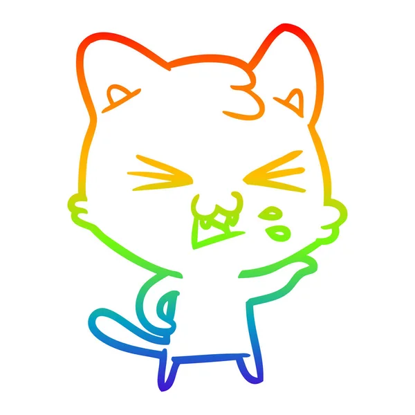 Arco iris gradiente línea dibujo dibujos animados gato siseo — Vector de stock