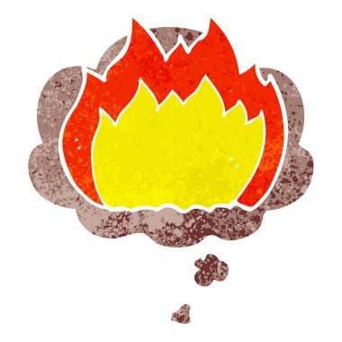 retro dokulu tarzda karikatür yangın ve düşünce balonu