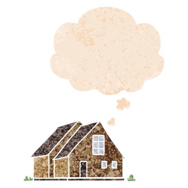 karikatür evi ve retro dokulu tarzında düşünce balonu