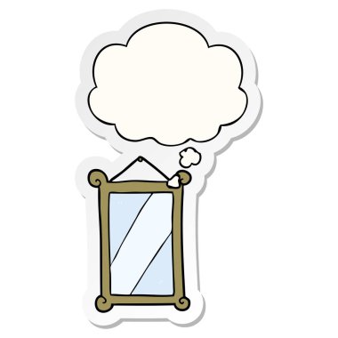 karikatür ayna ve baskılı bir etiket olarak düşünce balonu