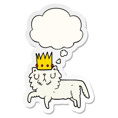 karikatür kedi taç giyen ve baskılı bir sticke olarak kabarcık düşündüm